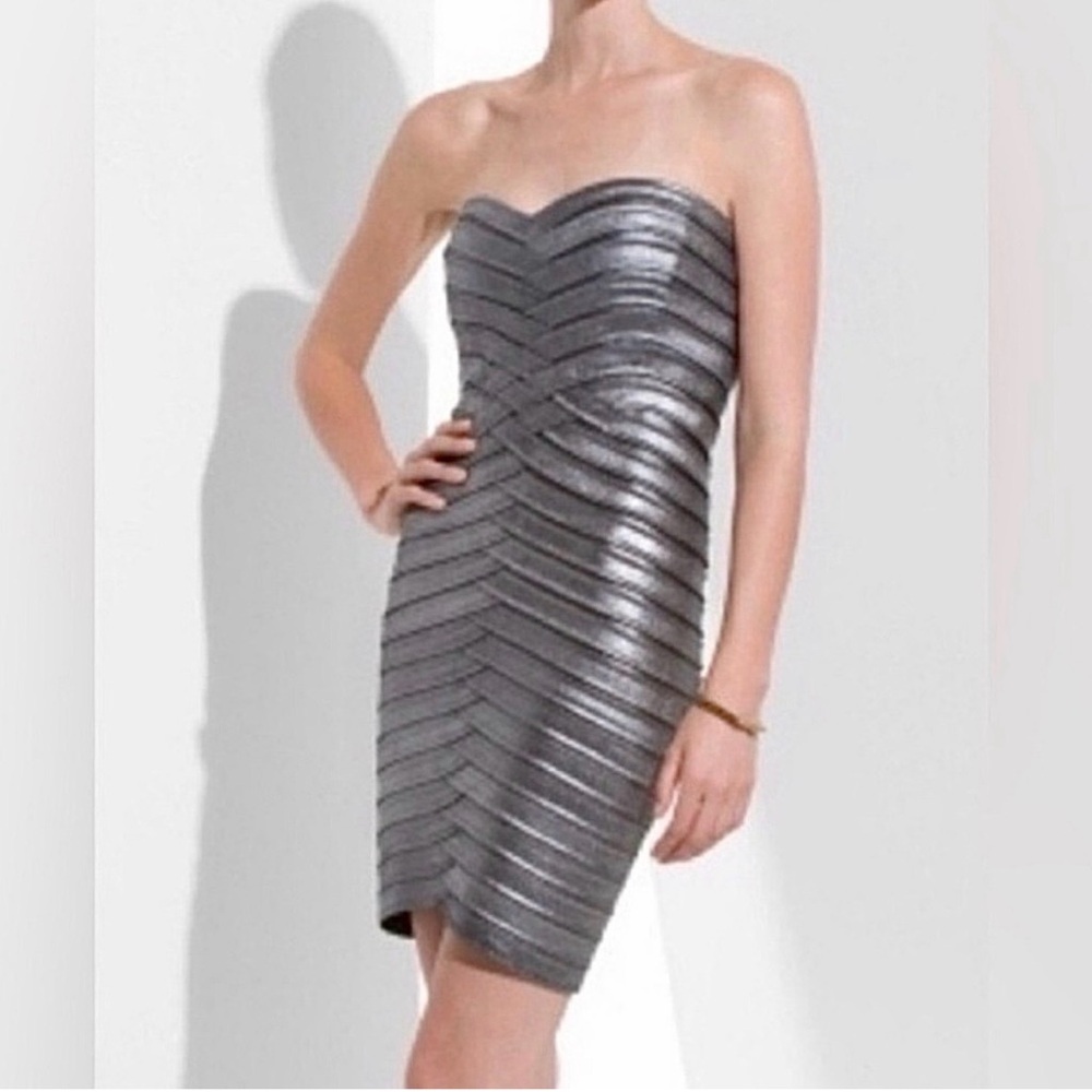 BCBGMaxAzria Gunmetal Metallic Body Icon Strapless Dress